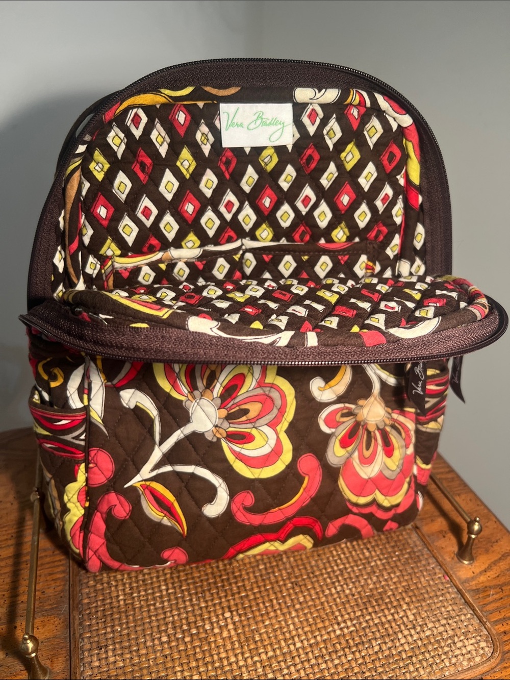 Vera Bradley Brown Quilted Floral Cosmetic Case with Red & Yellow Accents